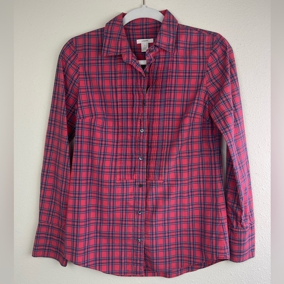 J. Crew Tartan Plaid‎ Pintuck Button Down Top Size 0 - Picture 2 of 6